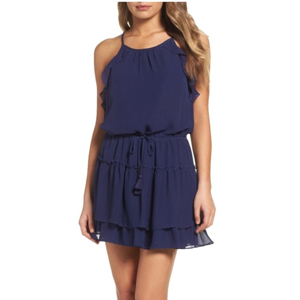 NAVY RUFFLE COCKTAIL DRESS